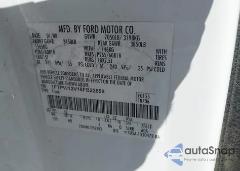 2008 Ford F-150 60Th Anniversary/Fx2/King Ranch/Lariat/Xlt from USA, damaged, VIN 1FTPW12V18FB22659